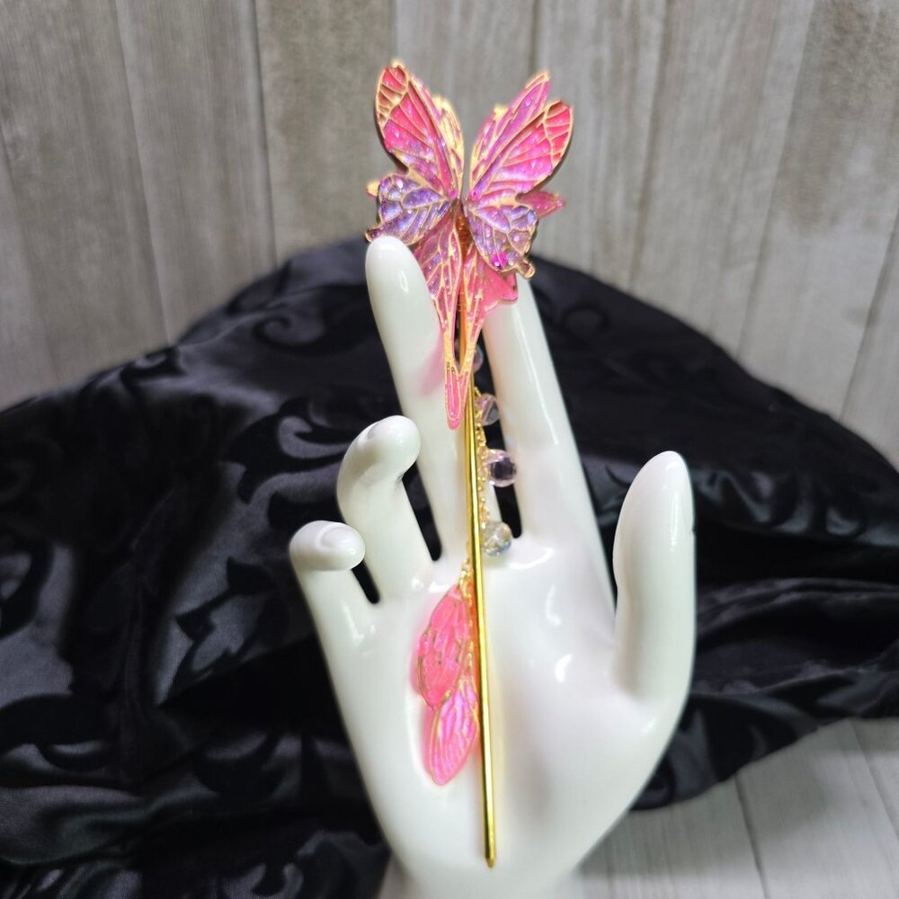 Handmade Delicate Gold and Pink Butterfly Hair Stick w/ Wings and Crystal 7" L